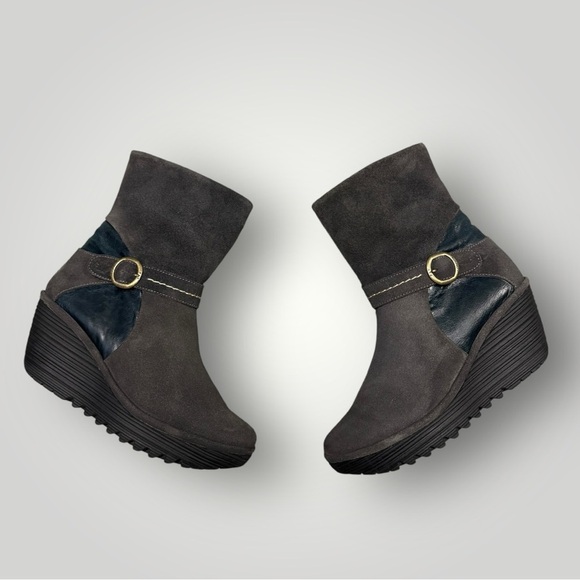 Fly London Yome Suede & Leather Ankle Boots  Wedge Heel, Buckle Strap Sz 38 - Picture 1 of 11